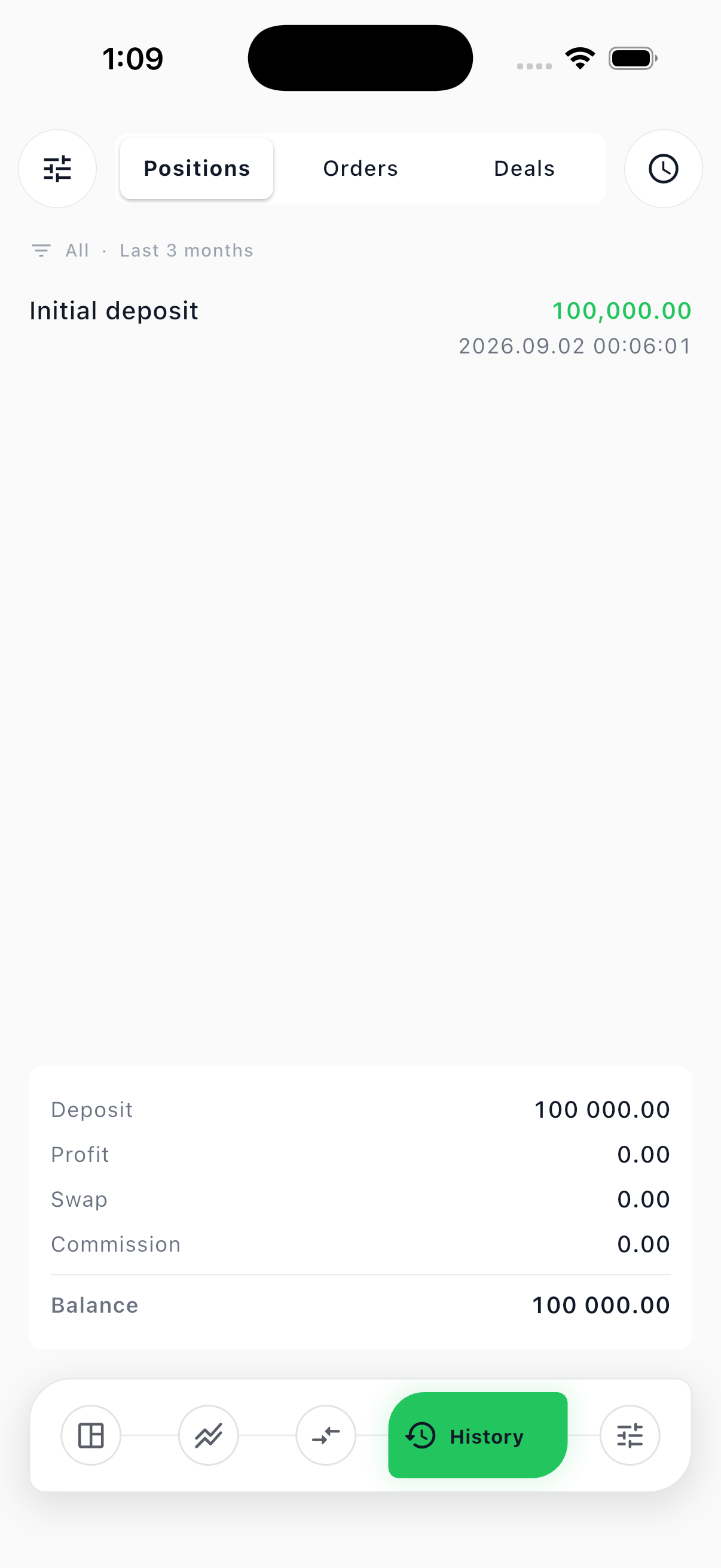 Koneth Terminal History tab with Positions, Orders, and Deals filters
