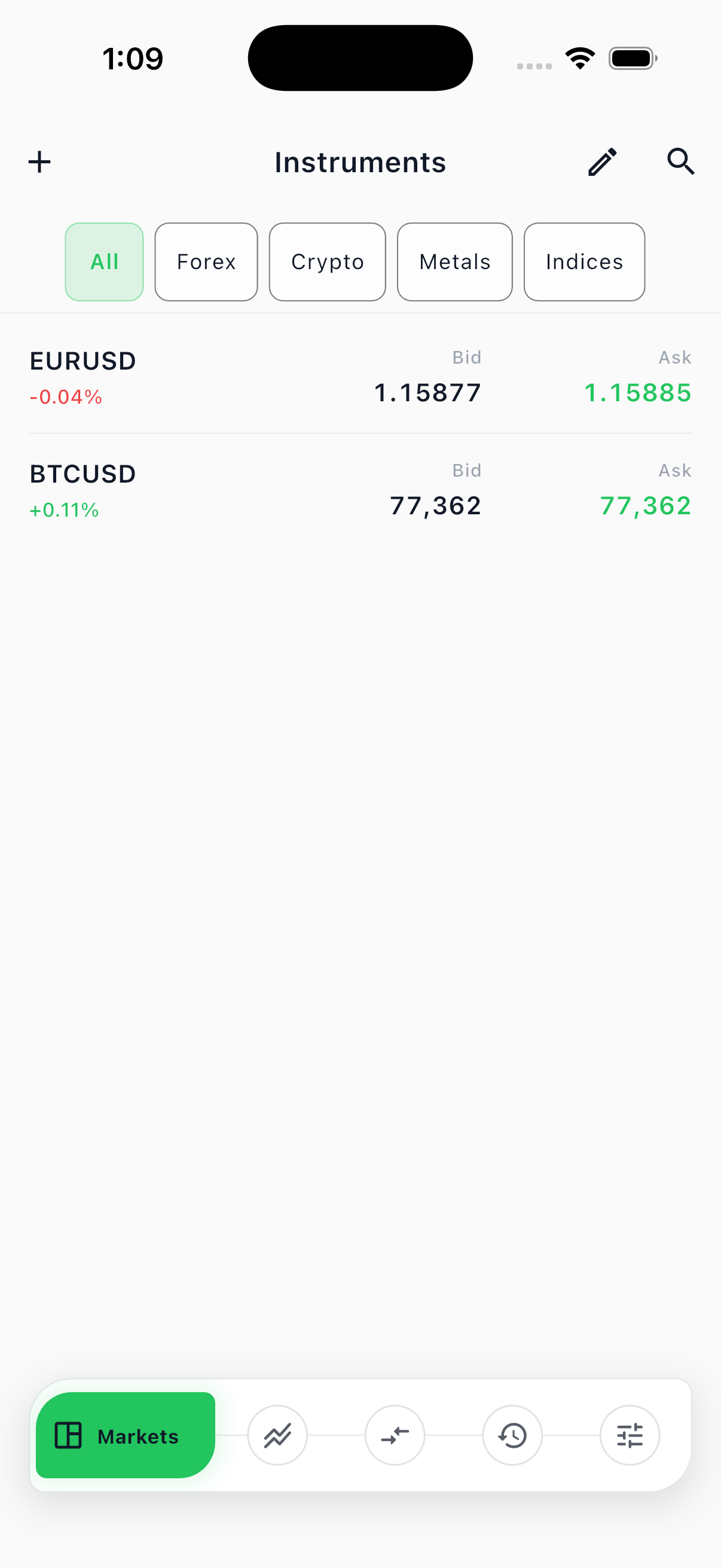 Koneth Terminal Markets tab on iOS