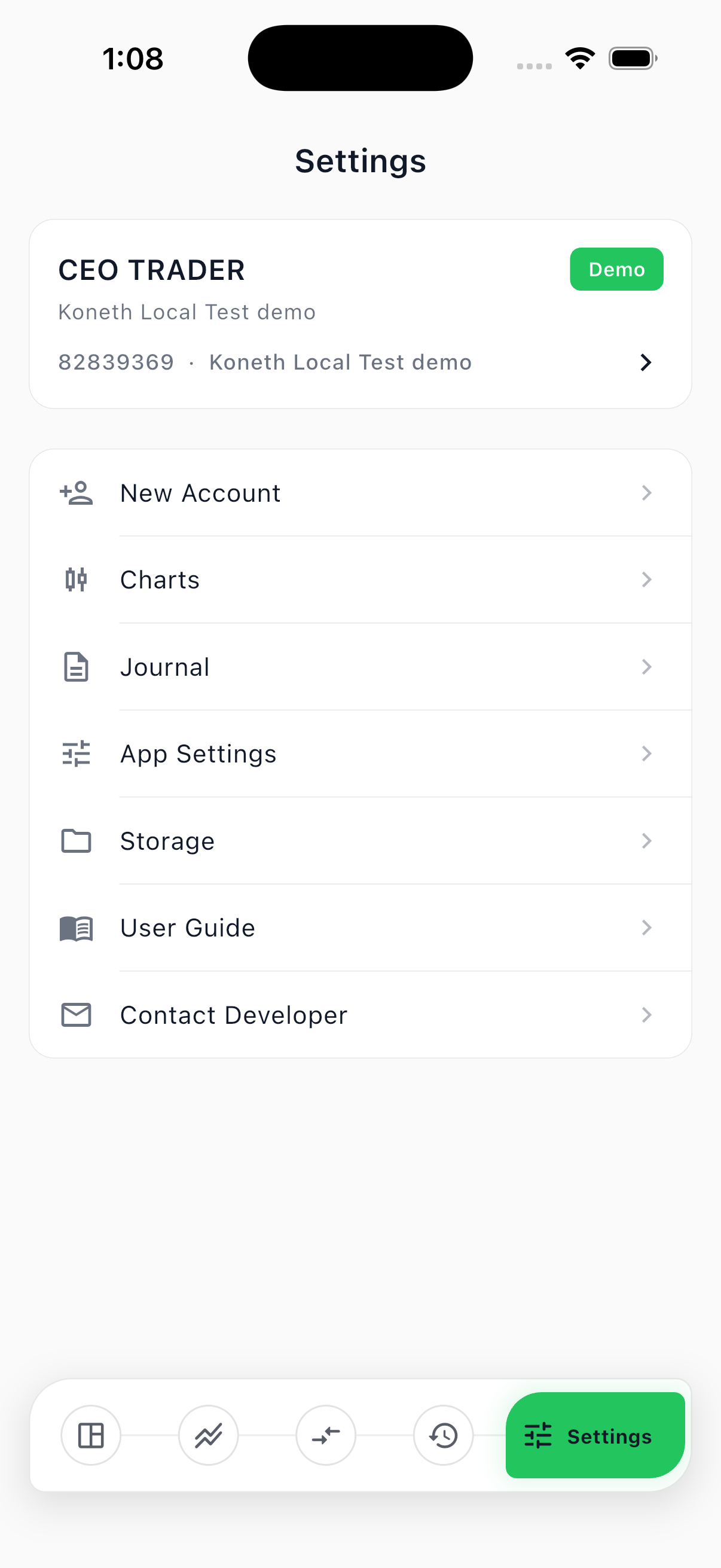 Koneth Terminal Settings screen on iOS